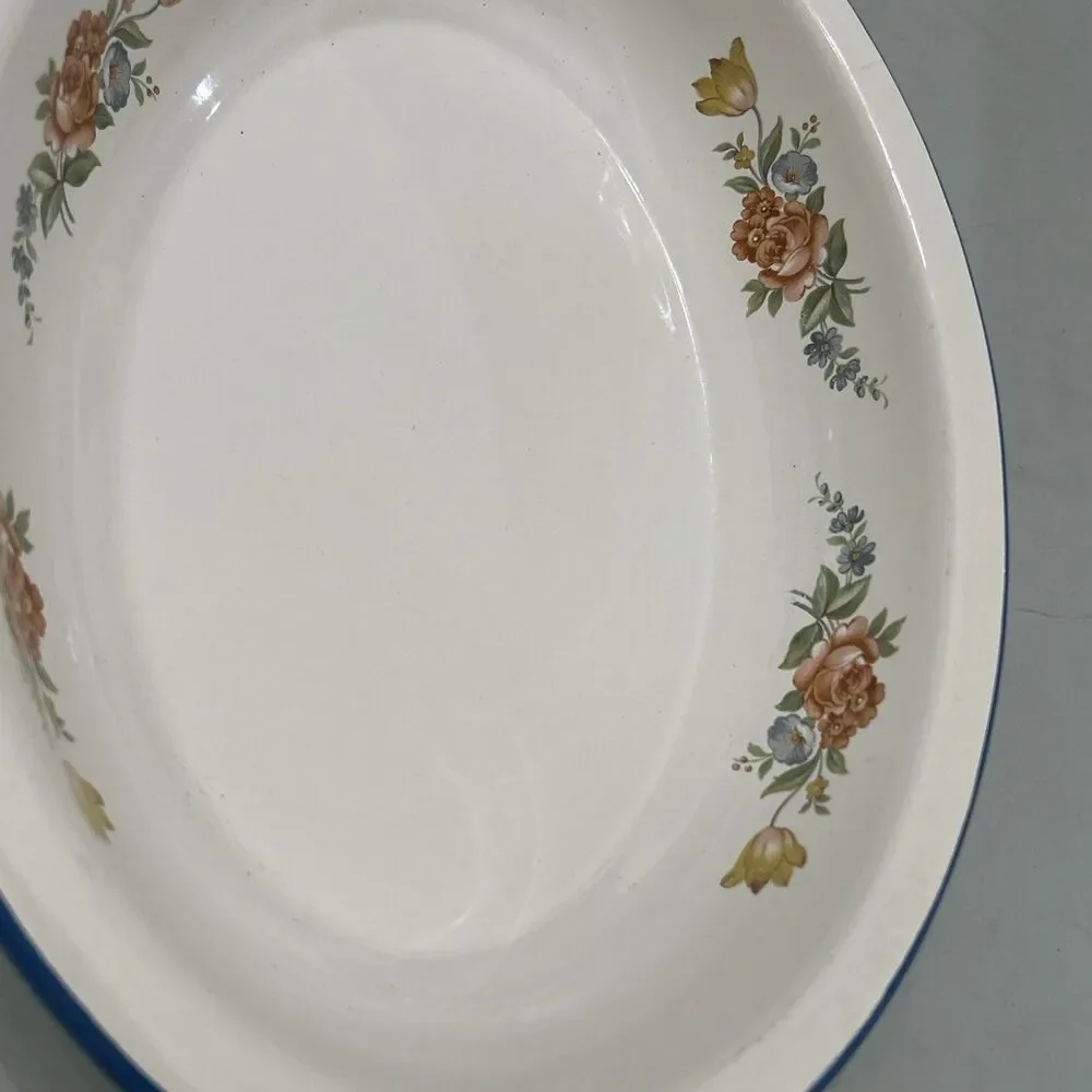 Vtg Enamelware Floral Print Rose Cinsa Brand Saltillo Mexico Oval Blue Trim